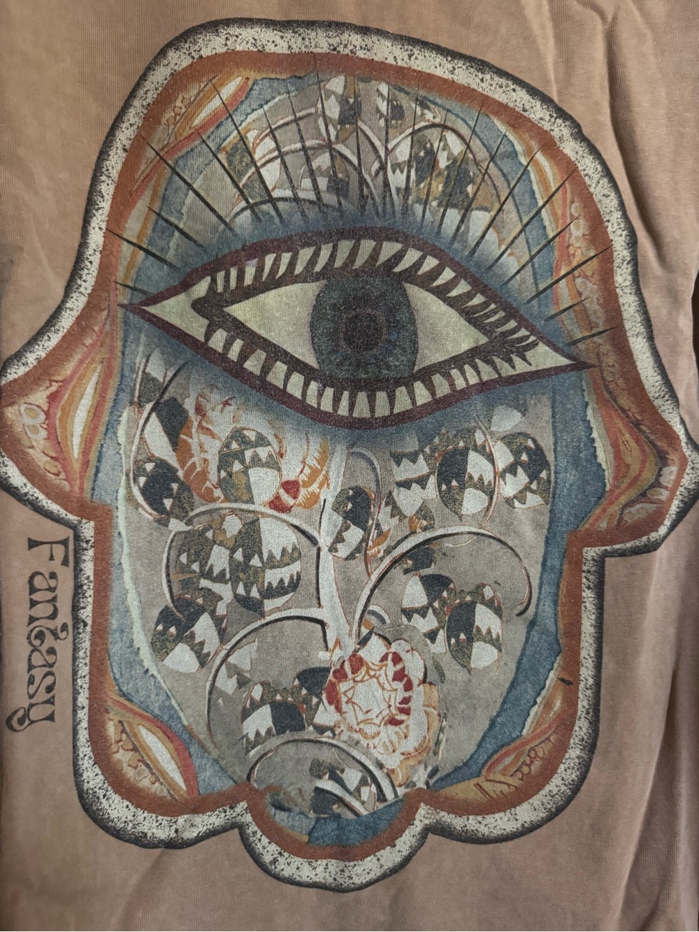 NWOT Bohemela Beige Evil Eye Print Long Sleeve Tee with Eyelet Sleeves, Large - Picture 6 of 13